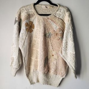 Au contraire vintage tan knit crochet lace flower front crew neck sweater Sz M
